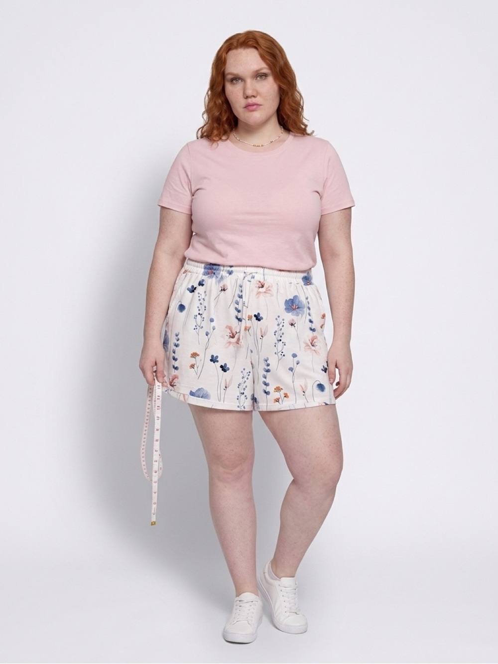 White Floral Elastic Waist Shorts